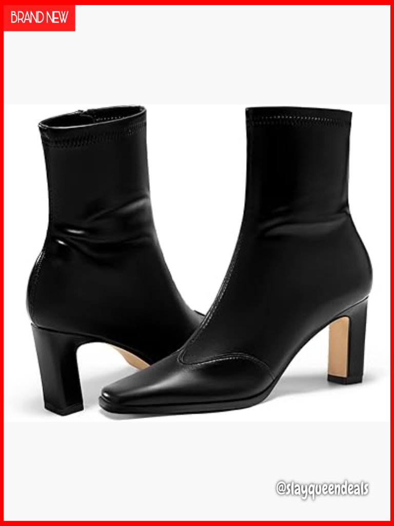 Chunky Heel Square Toe Ankle Boots With Side Zipper Winter Dress Shoes